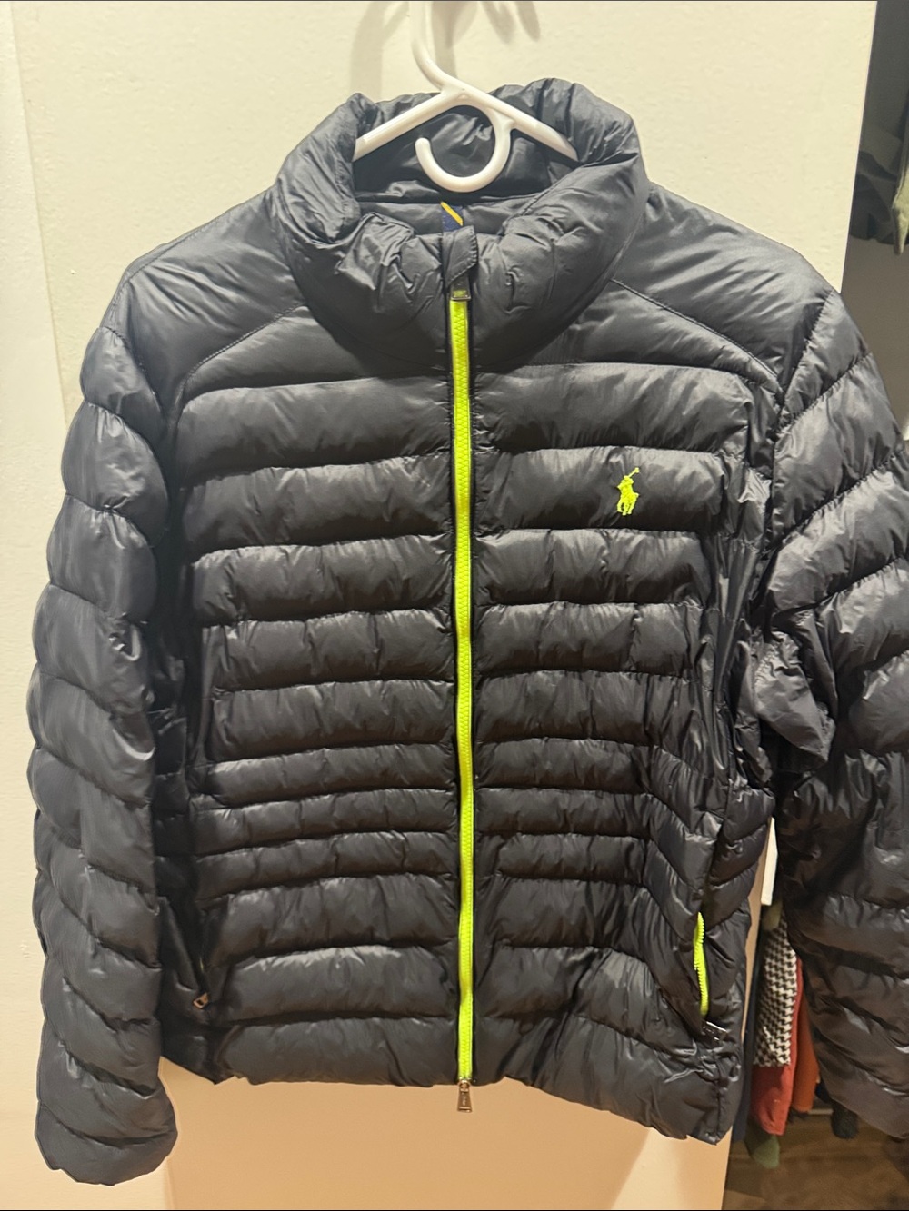 Woman’s Custom Polo Ralph Lauren Black Puffer Jacket with Neon Yellow Pony